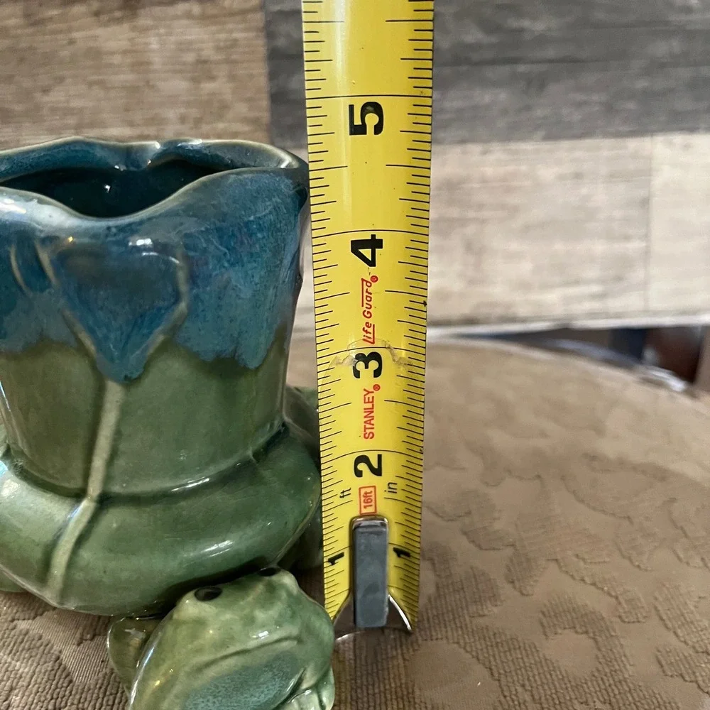 Vintage Ceramic Three Frog Planter Pot Green Blue Drip Glaze Succulent Vase